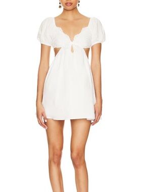 Scalloped V-Neck White Mini Dress with Puff Sleeves